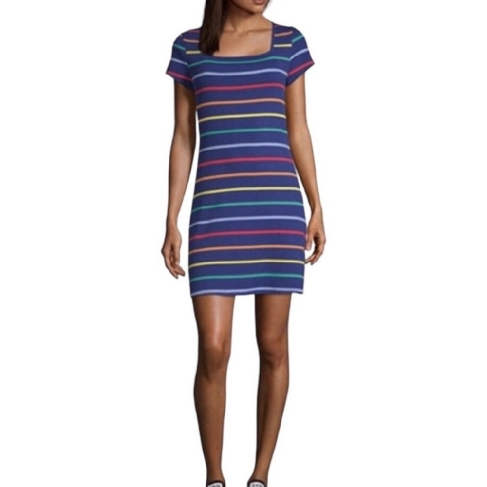 New Arizona Jean Co Rainbow Stripe Short Sleeve Indigo Multi Color Dress Small
